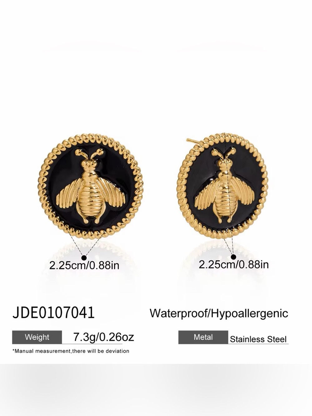 18K Gold Plated Black Enamel Button Bee Stud Earrings - Picture 5 of 6